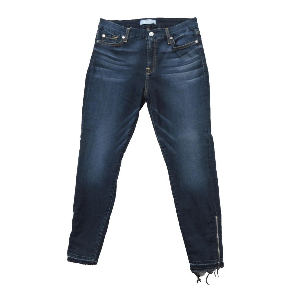 7 For All Mankind Jeans Womens 32 Blue Skinny Distressed Frayed Hem Zipper Ankle